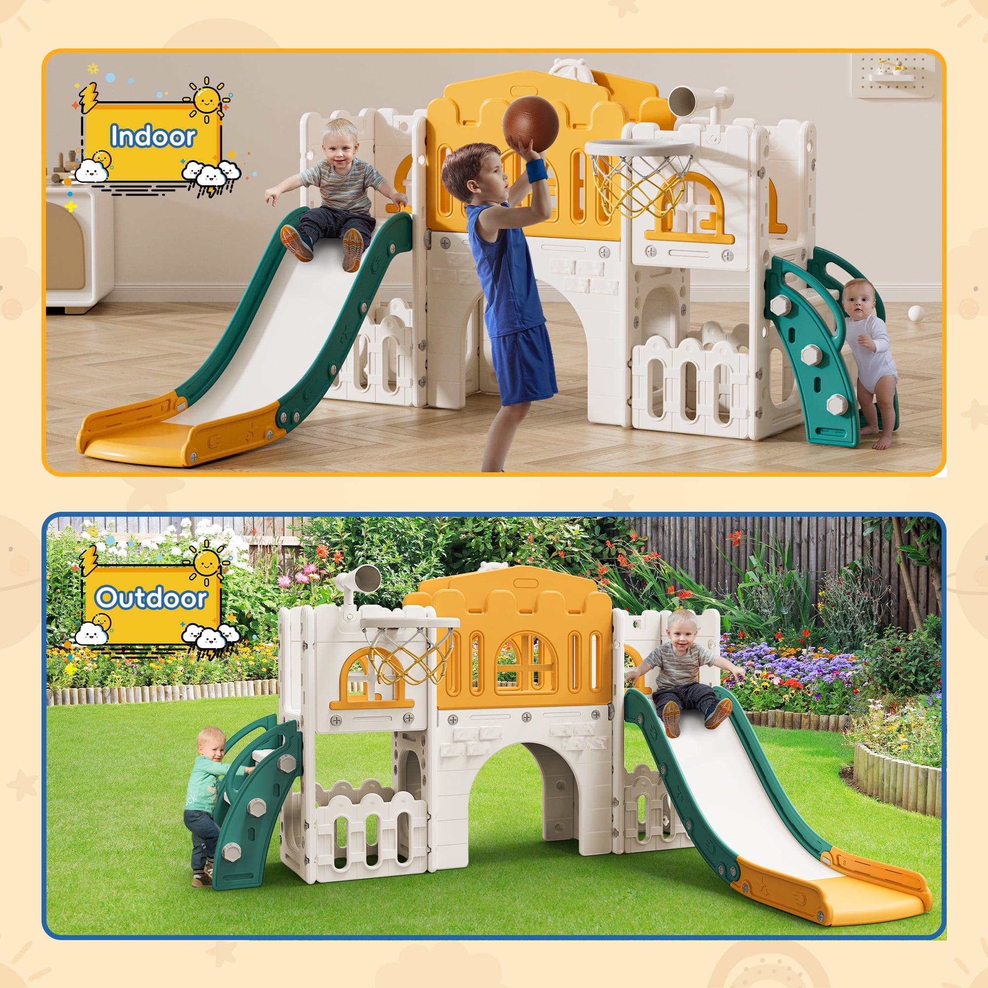 WFUN 9 in 1 Outdoor Freestanding Kids Slide Set for Toddlers Age 1+, Playground Set for Backyard, Yellow & Green WFUN 9 in 1 Outdoor Freestanding Kids Slide Set for Toddlers Age 1+, Playground Set for Backyard, Yellow & Green