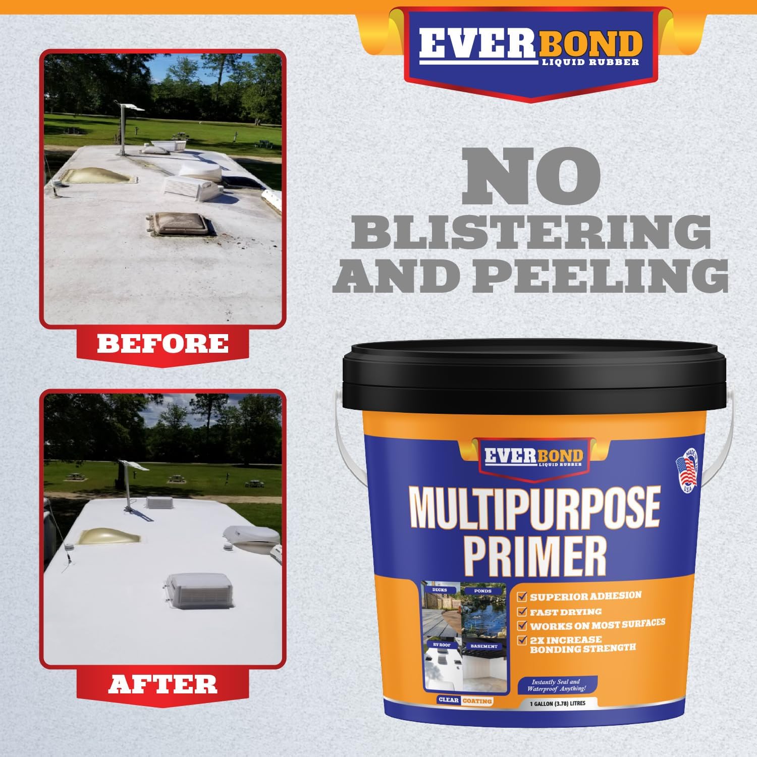 Multipurpose Primer - Primer for Roof Coatings - Use on EPDM Rubber, Wood, Fiberglass, Concrete, and Metal Surfaces - 4.75 Gallons Multipurpose Primer - Primer for Roof Coatings - Use on EPDM Rubber, Wood, Fiberglass, Concrete, and Metal Surfaces - Easy to Apply on RVs, Campers, and Trailers - 4.75 Gallons