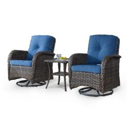 Rilyson New Juno Set of 2 Wicker Brown Steel Frame Swivel glider Rocking Chair with Blue Blue Cushioned Seat