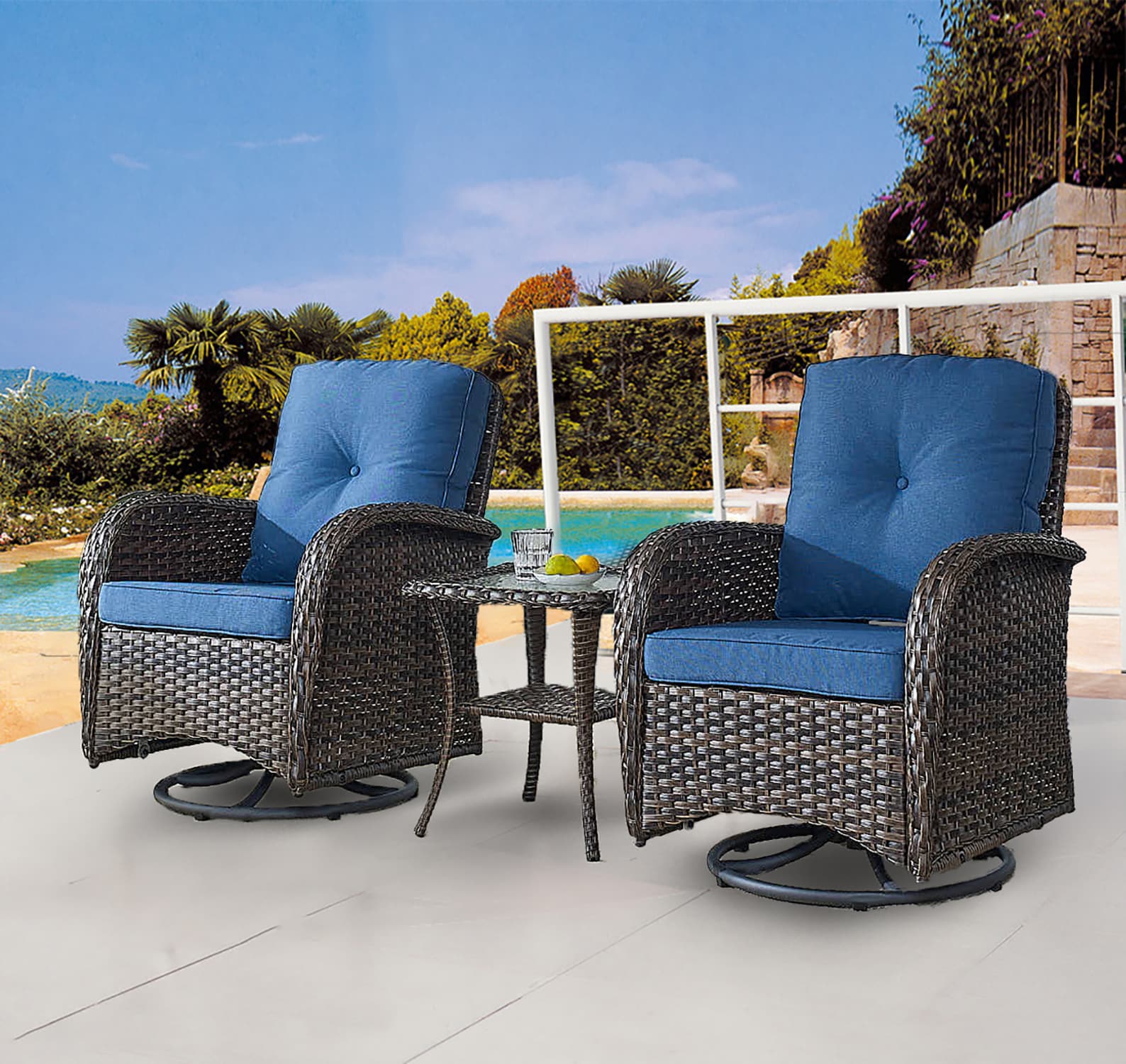 Rilyson New Juno Set of 2 Wicker Brown Steel Frame Swivel glider Rocking Chair with Blue Blue Cushioned Seat Rilyson New Juno Set of 2 Wicker Brown Steel Frame Swivel glider Rocking Chair with Blue Blue Cushioned Seat