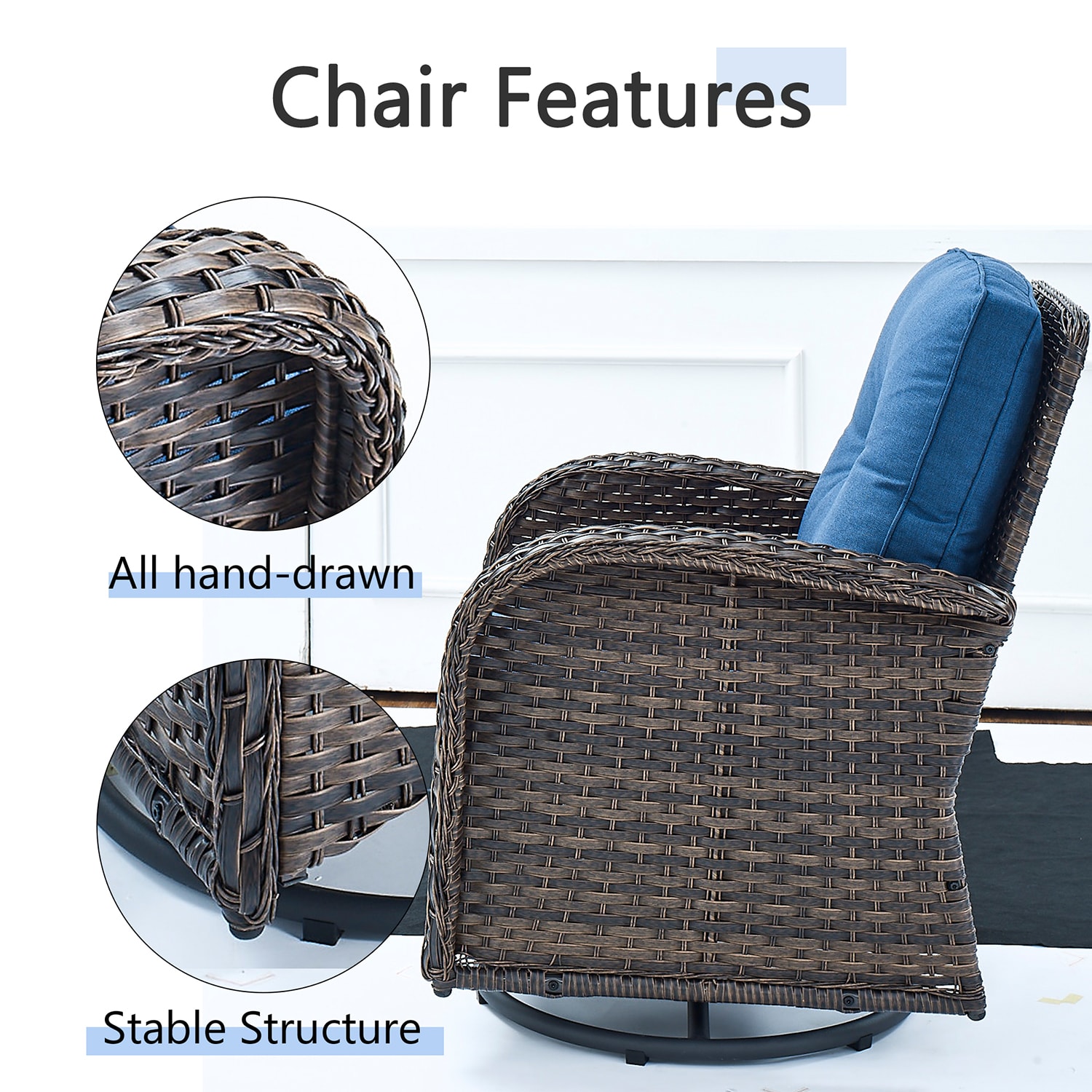 Rilyson New Juno Set of 2 Wicker Brown Steel Frame Swivel glider Rocking Chair with Blue Blue Cushioned Seat Rilyson New Juno Set of 2 Wicker Brown Steel Frame Swivel glider Rocking Chair with Blue Blue Cushioned Seat