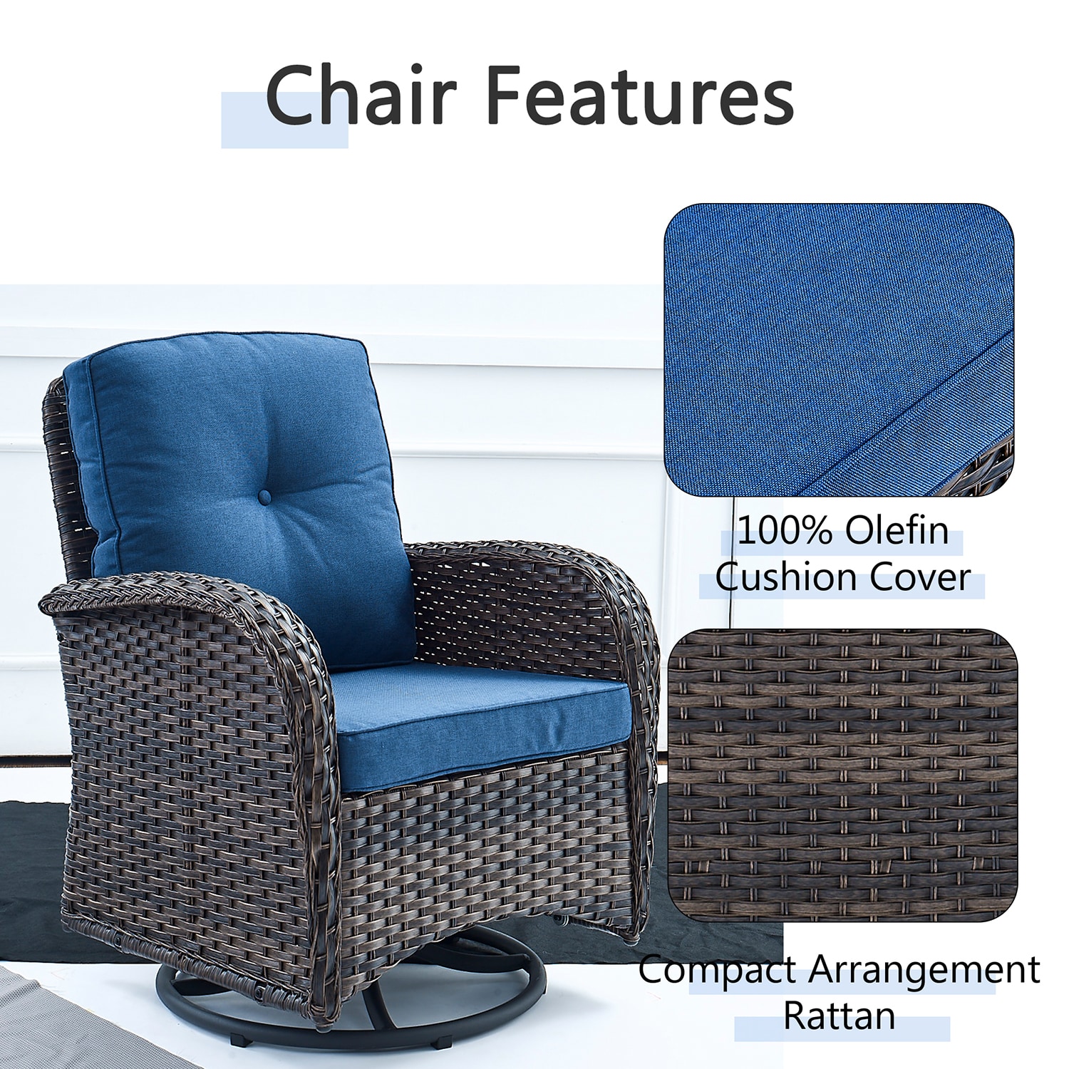Rilyson New Juno Set of 2 Wicker Brown Steel Frame Swivel glider Rocking Chair with Blue Blue Cushioned Seat Rilyson New Juno Set of 2 Wicker Brown Steel Frame Swivel glider Rocking Chair with Blue Blue Cushioned Seat