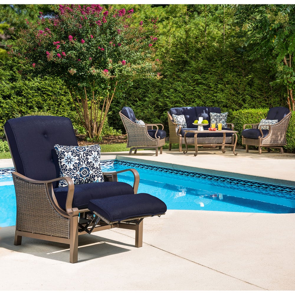 Hanover Ventura Wicker Cocoa Stone Steel Frame Stationary Recliner Chair with Blue Cushioned Seat Hanover Ventura Wicker Cocoa Stone Steel Frame Stationary Recliner Chair with Blue Cushioned Seat