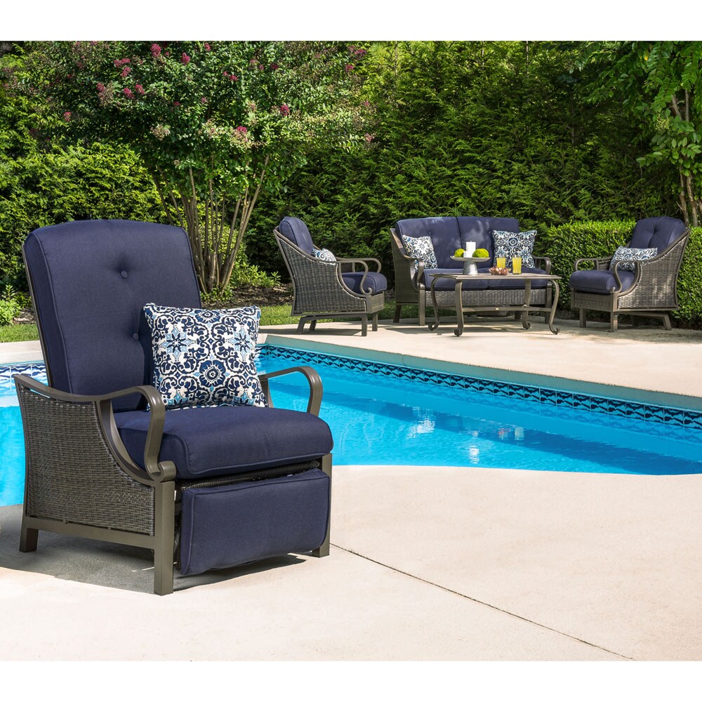 Hanover Ventura Wicker Cocoa Stone Steel Frame Stationary Recliner Chair with Blue Cushioned Seat Hanover Ventura Wicker Cocoa Stone Steel Frame Stationary Recliner Chair with Blue Cushioned Seat