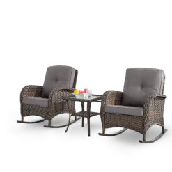 Rilyson New Juno Set of 2 Wicker Brown Wicker Frame Rocking Chair with Gray Gray Cushioned Seat