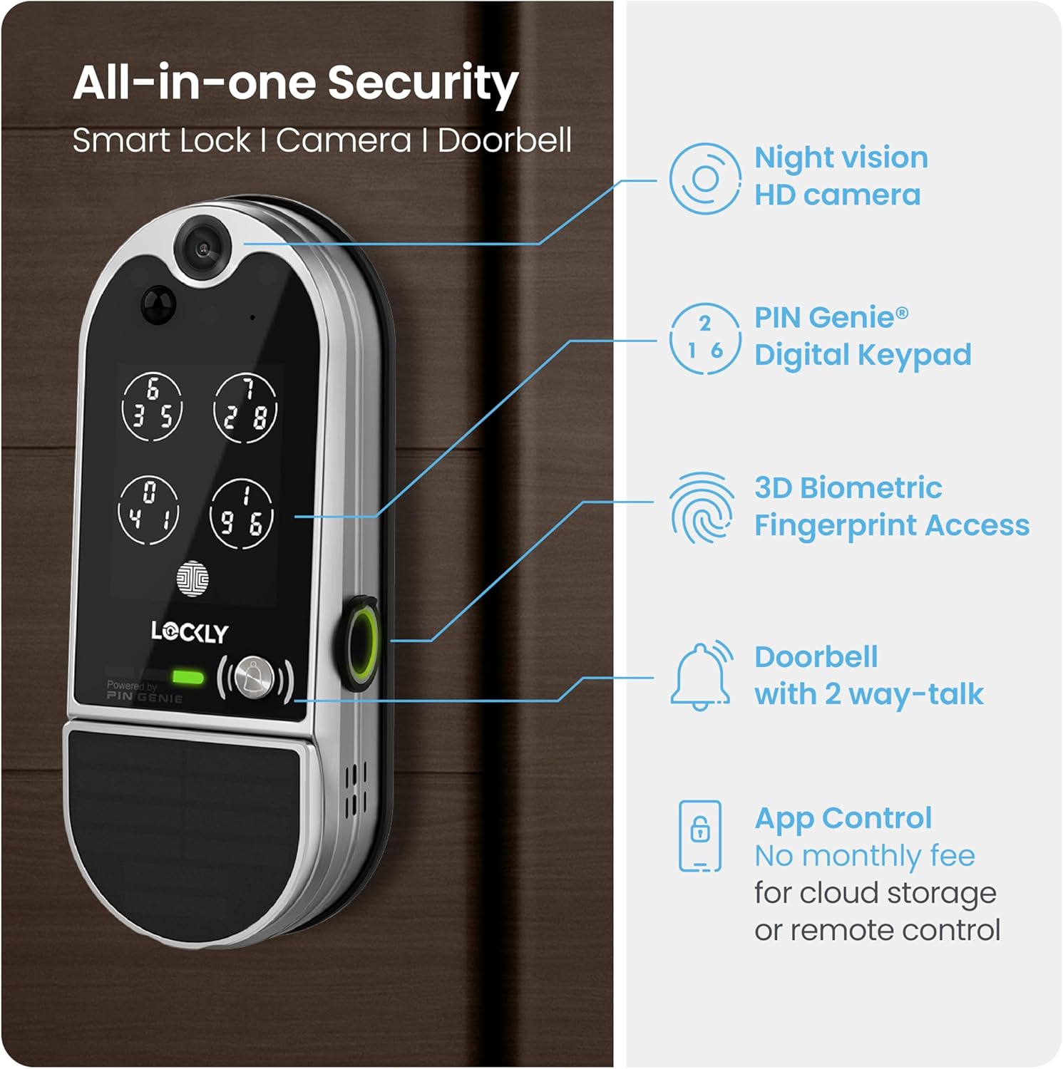 Lockly Vision Elite Video Smart Lock with Camera, Smart Wi-Fi Deadbolt, Satin Nickel Lockly Vision Elite Video Smart Lock with Camera, Smart Wi-Fi Deadbolt for Front Door, PIN Genie Keypad, Fingerprint Door Lock, Motion Sensor, App Remote Control, 2 Way Audio Doorbell, No Monthly Fee