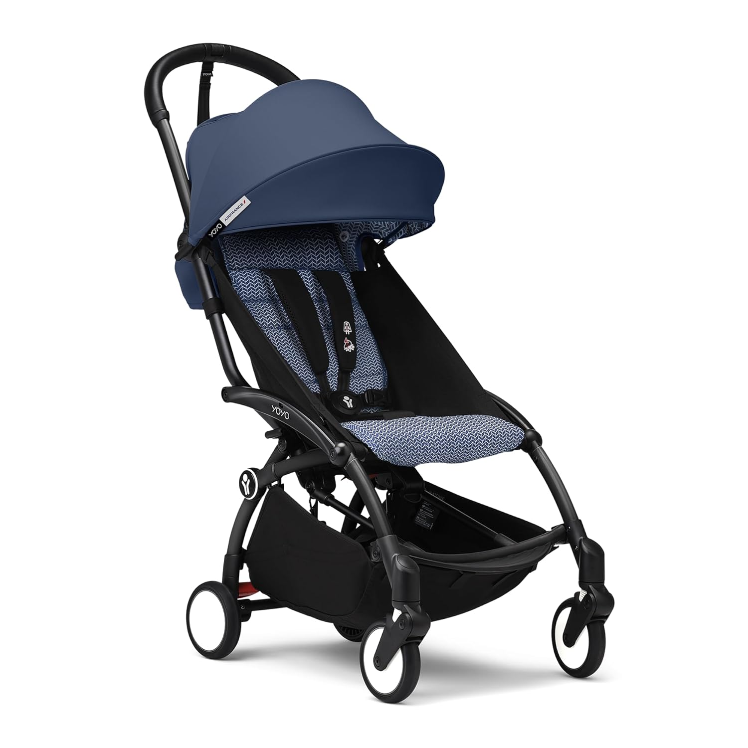 Stokke YOYO3 Stroller from 6 Months - Includes Black Frame/Air France Blue Seat Cushion + Canopy Stokke YOYO3 Stroller from 6 Months - Includes Black Frame/Air France Blue Seat Cushion + Canopy - Folds in & Out in a Flash - Light & Compact - Carry-On Compatible