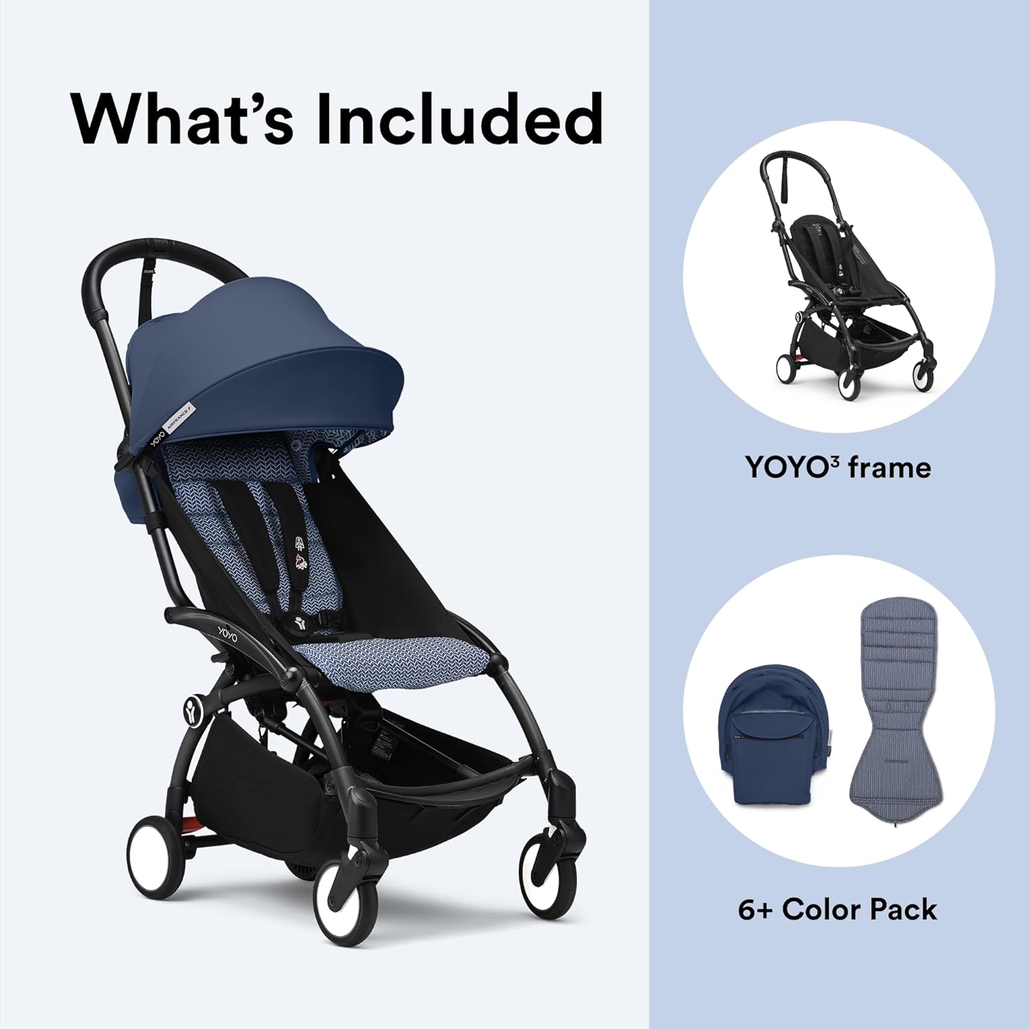 Stokke YOYO3 Stroller from 6 Months - Includes Black Frame/Air France Blue Seat Cushion + Canopy Stokke YOYO3 Stroller from 6 Months - Includes Black Frame/Air France Blue Seat Cushion + Canopy - Folds in & Out in a Flash - Light & Compact - Carry-On Compatible