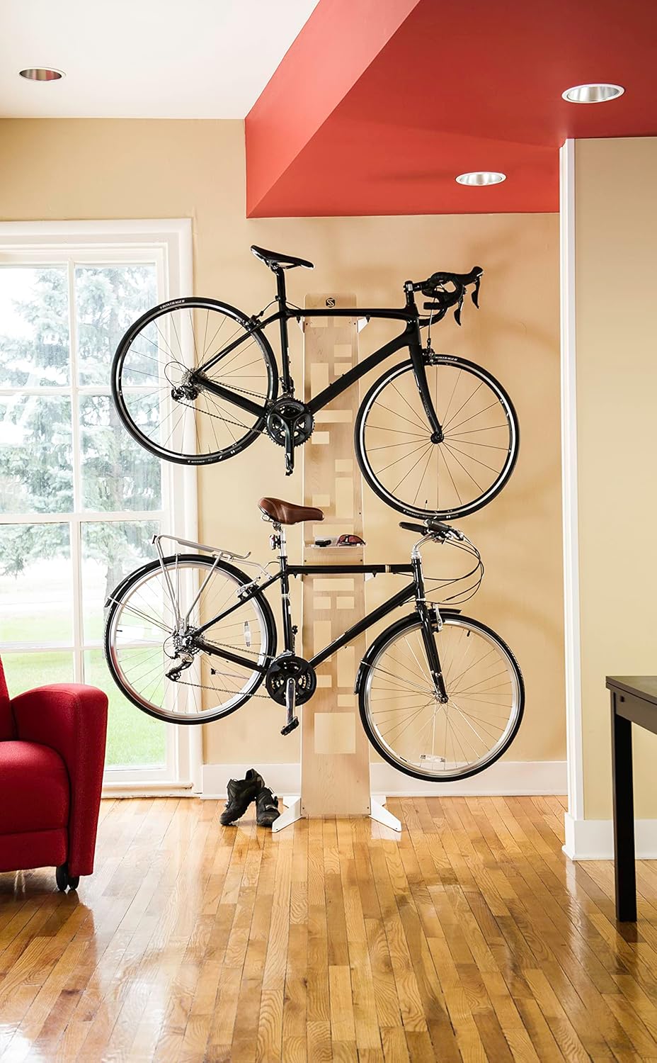 Saris The Hottie Two Bike Home Storage Stand – Freestanding, Stylish Bike Rack – Holds 2 Bikes up to 35 lbs Each Saris The Hottie Two Bike Home Storage Stand – Freestanding, Stylish Bike Rack – Holds 2 Bikes up to 35 lbs Each – Adjustable Cradles – Built-in Accessories Shelf – No Drilling or Mounting Required