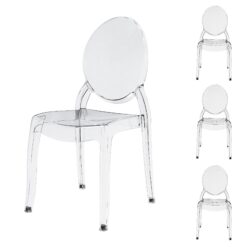Fohfurniture FOH Set of 4 Large Clear Ghost Dining Chairs, Oval Back Stackable Acrylic Chairs, Circle-back Large