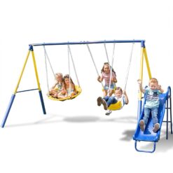 Sportspower Super Saucer Metal Swing Set with 2 Swings, Saucer Swing and 1-Piece Heavy Duty Slide, Great for Kids Aged 3-8