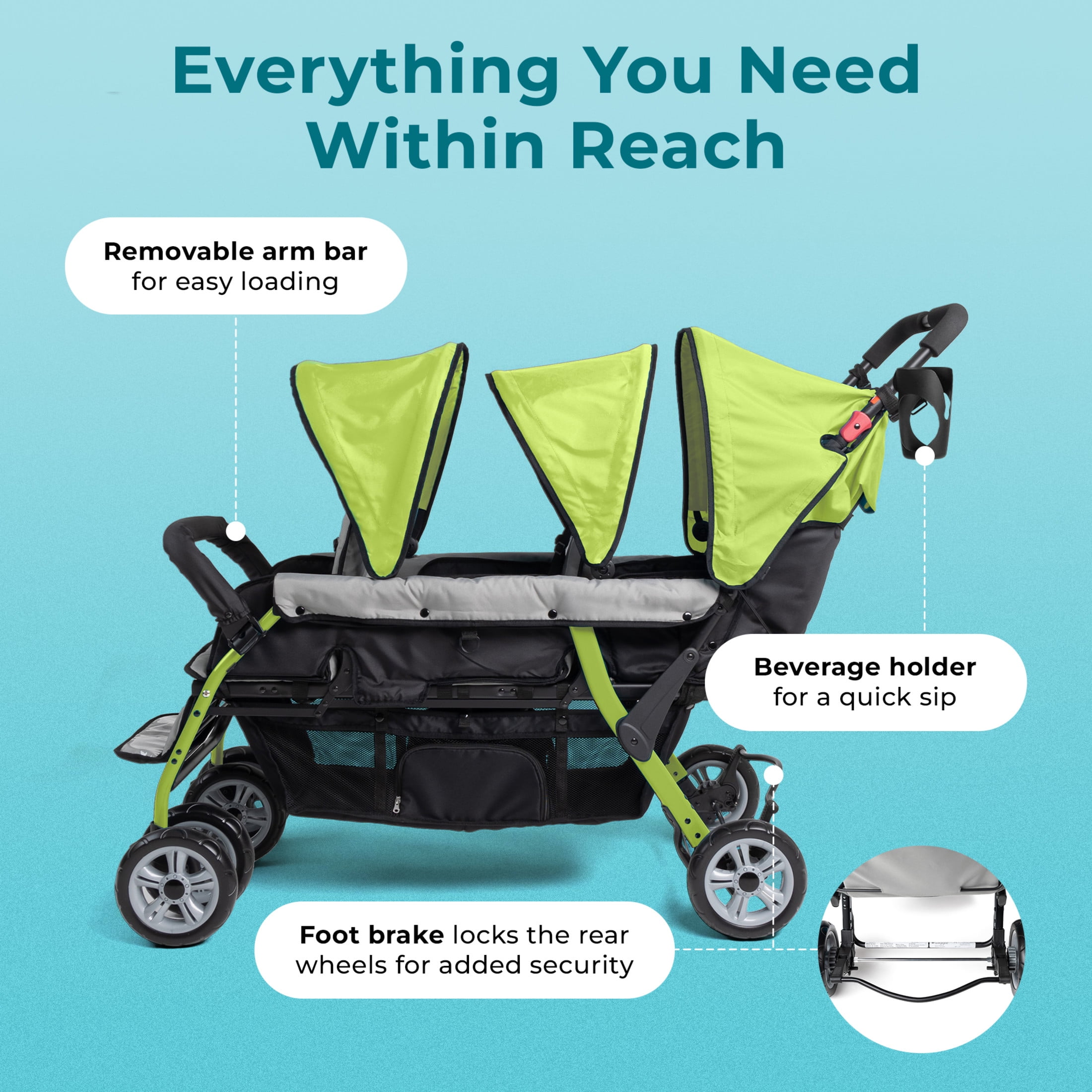Foundations Compass Trio Triple Stroller, 3-Seat Tandem with UV Canopies and Reclining Seats, Lime Foundations Compass Trio Triple Stroller, 3-Seat Tandem with UV Canopies and Reclining Seats, Lime