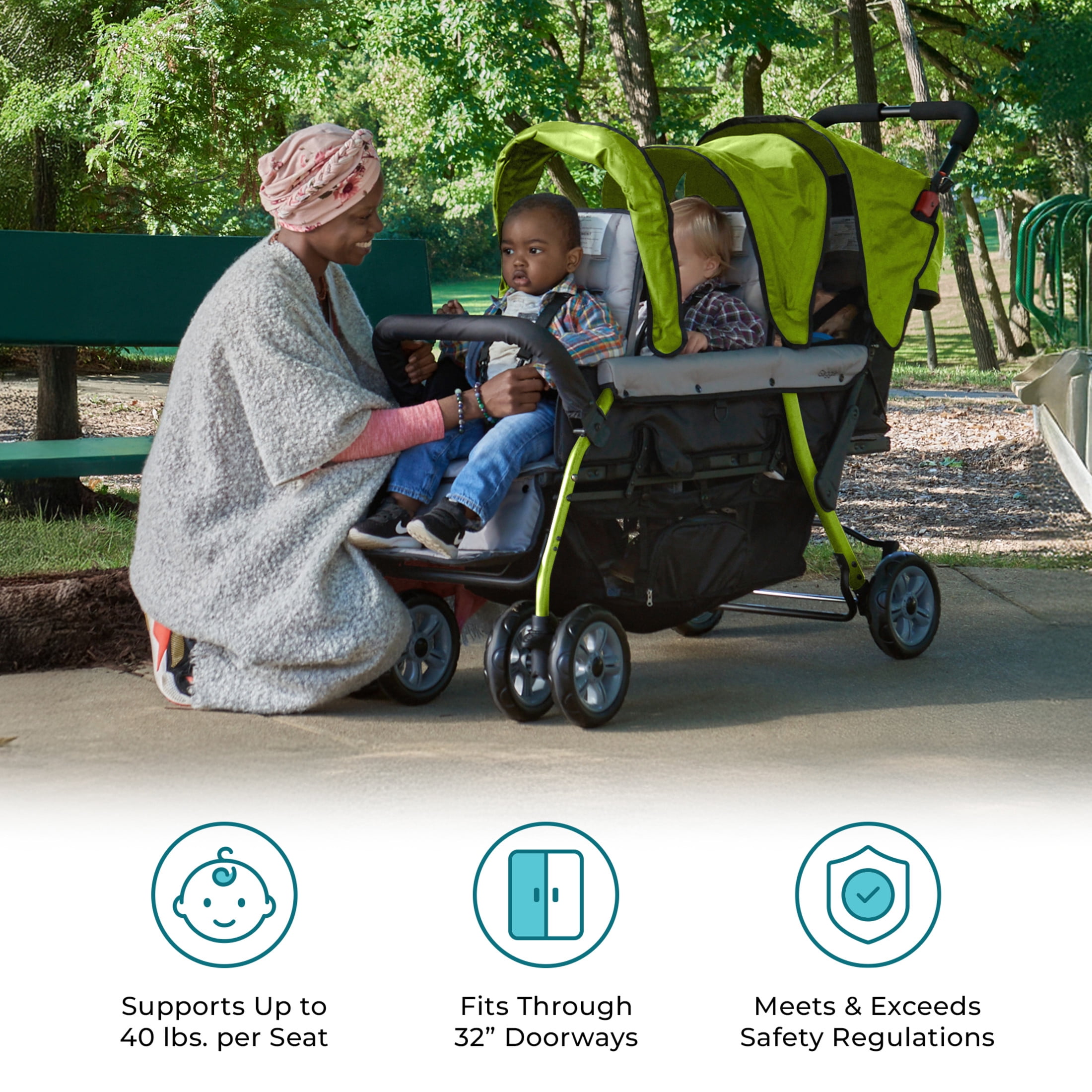 Foundations Compass Trio Triple Stroller, 3-Seat Tandem with UV Canopies and Reclining Seats, Lime Foundations Compass Trio Triple Stroller, 3-Seat Tandem with UV Canopies and Reclining Seats, Lime