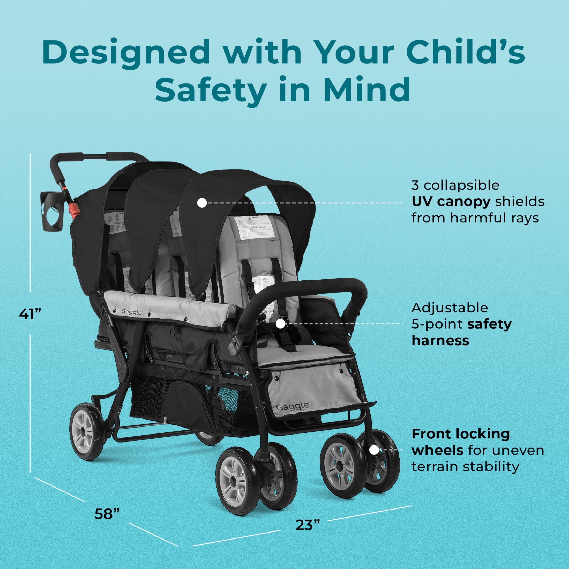 Foundations Compass Trio Triple Stroller, 3-Seat Tandem with UV Canopies and Reclining Seats, Black Foundations Compass Trio Triple Stroller, 3-Seat Tandem with UV Canopies and Reclining Seats, Black