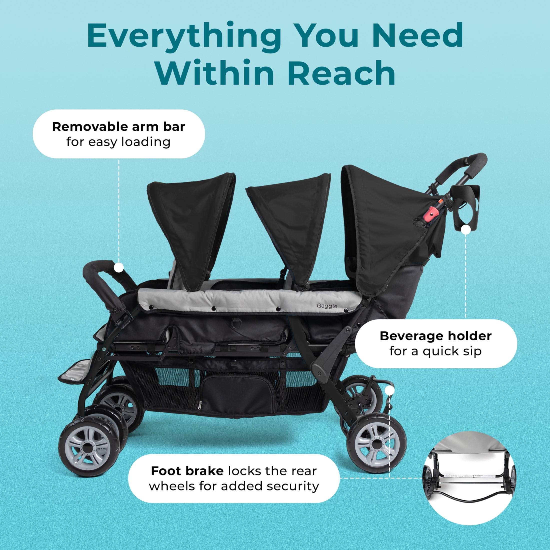 Foundations Compass Trio Triple Stroller, 3-Seat Tandem with UV Canopies and Reclining Seats, Black Foundations Compass Trio Triple Stroller, 3-Seat Tandem with UV Canopies and Reclining Seats, Black