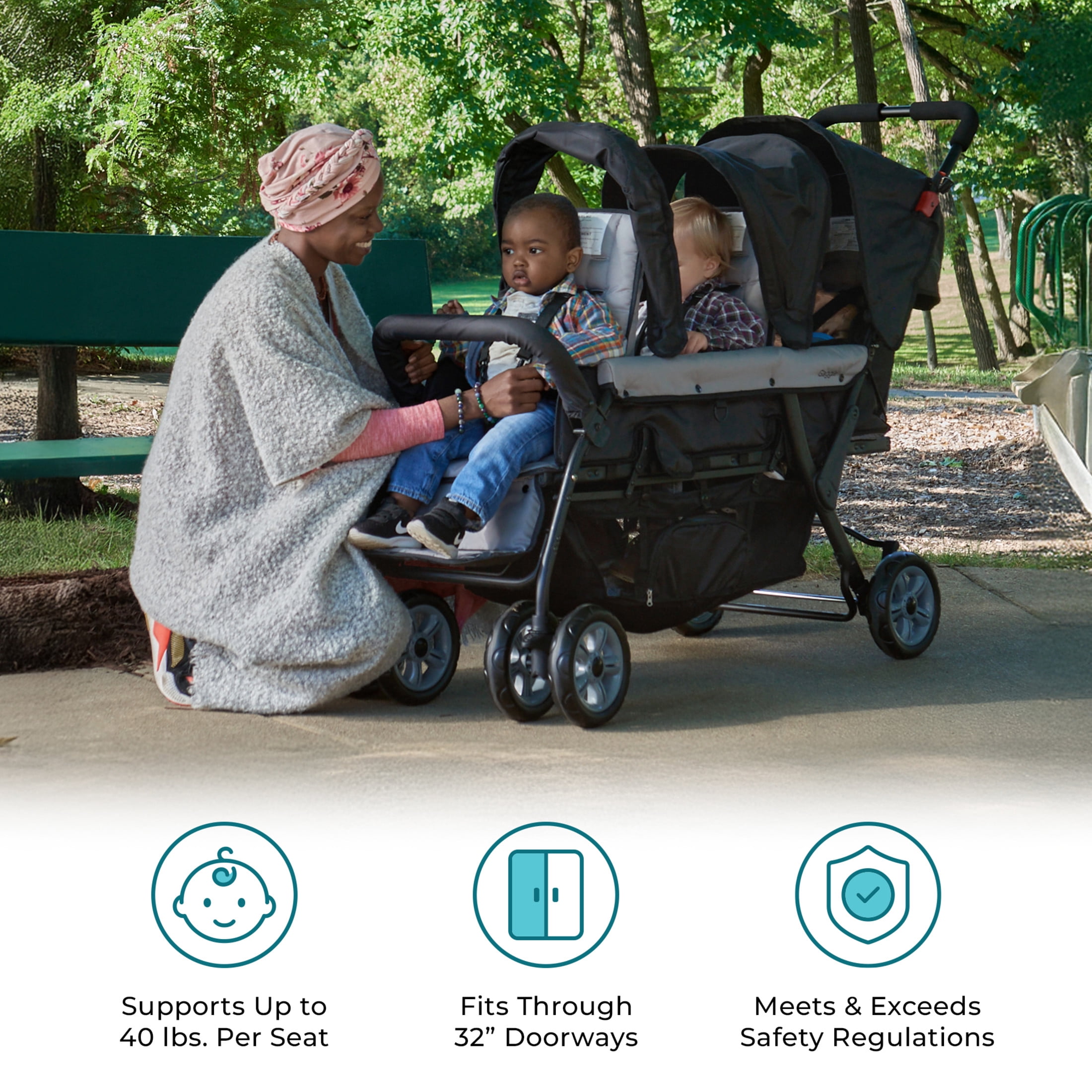 Foundations Compass Trio Triple Stroller, 3-Seat Tandem with UV Canopies and Reclining Seats, Black Foundations Compass Trio Triple Stroller, 3-Seat Tandem with UV Canopies and Reclining Seats, Black