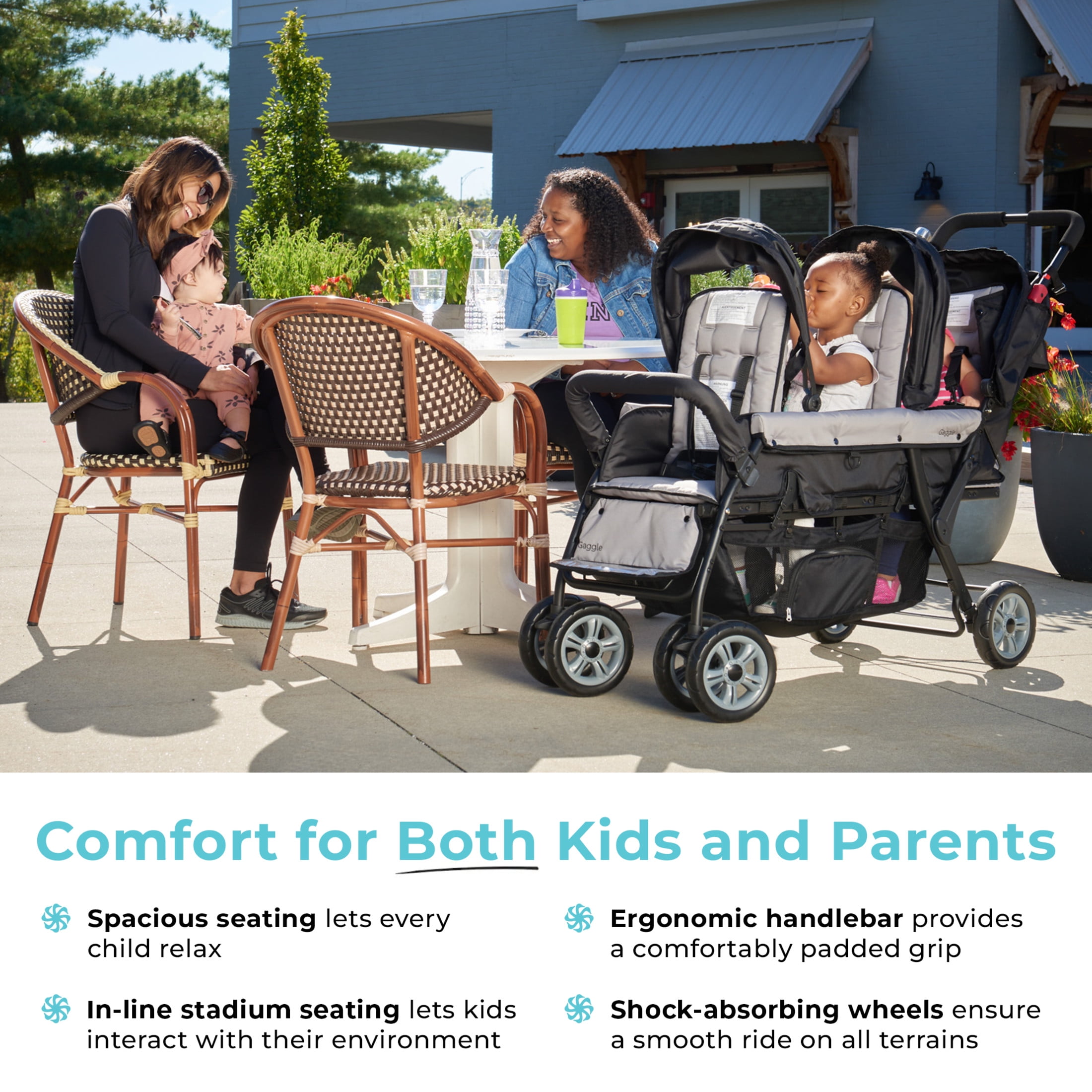 Foundations Compass Trio Triple Stroller, 3-Seat Tandem with UV Canopies and Reclining Seats, Black Foundations Compass Trio Triple Stroller, 3-Seat Tandem with UV Canopies and Reclining Seats, Black