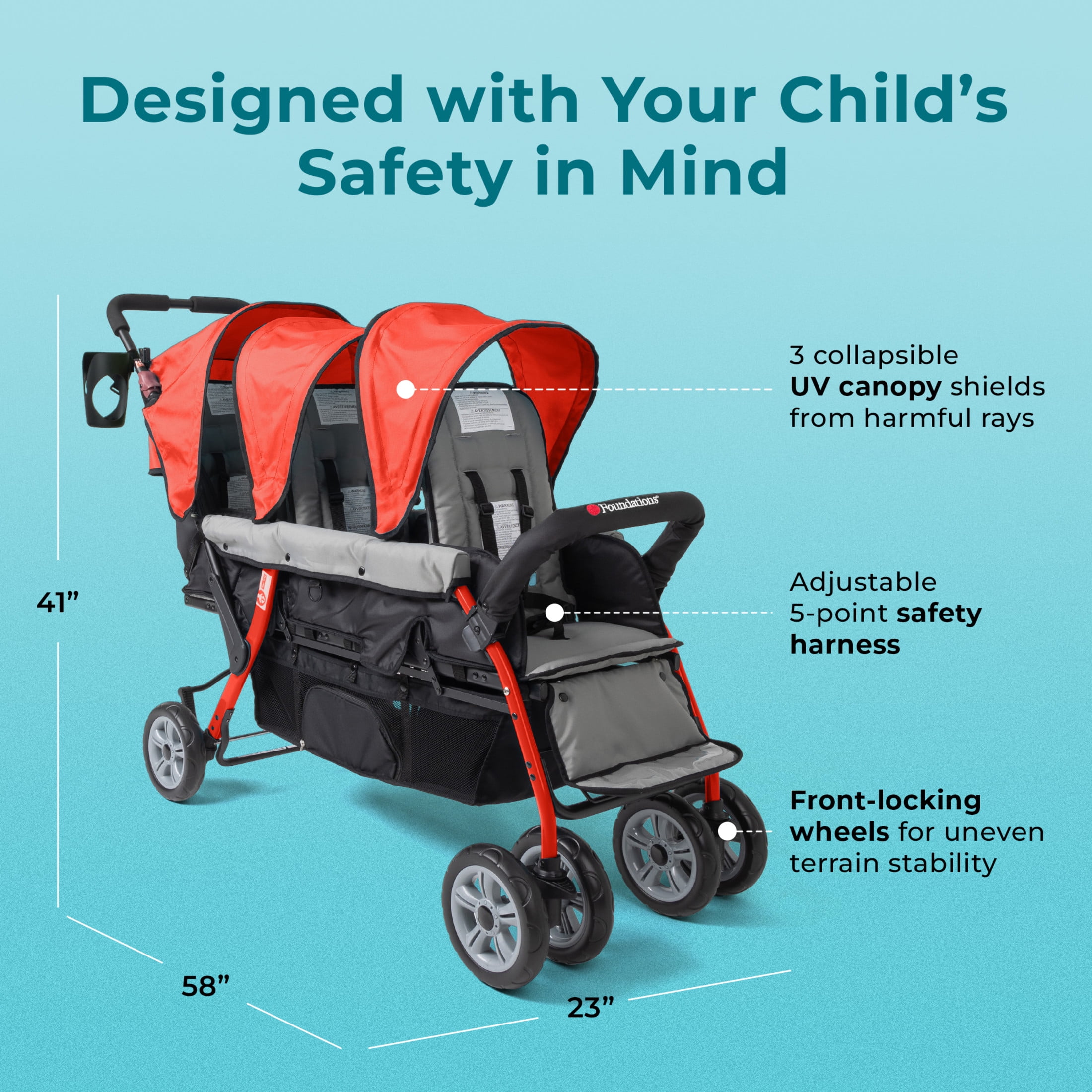 Foundations Compass Trio Triple Stroller, 3-Seat Tandem with UV Canopies and Reclining Seats, Red Foundations Compass Trio Triple Stroller, 3-Seat Tandem with UV Canopies and Reclining Seats, Red