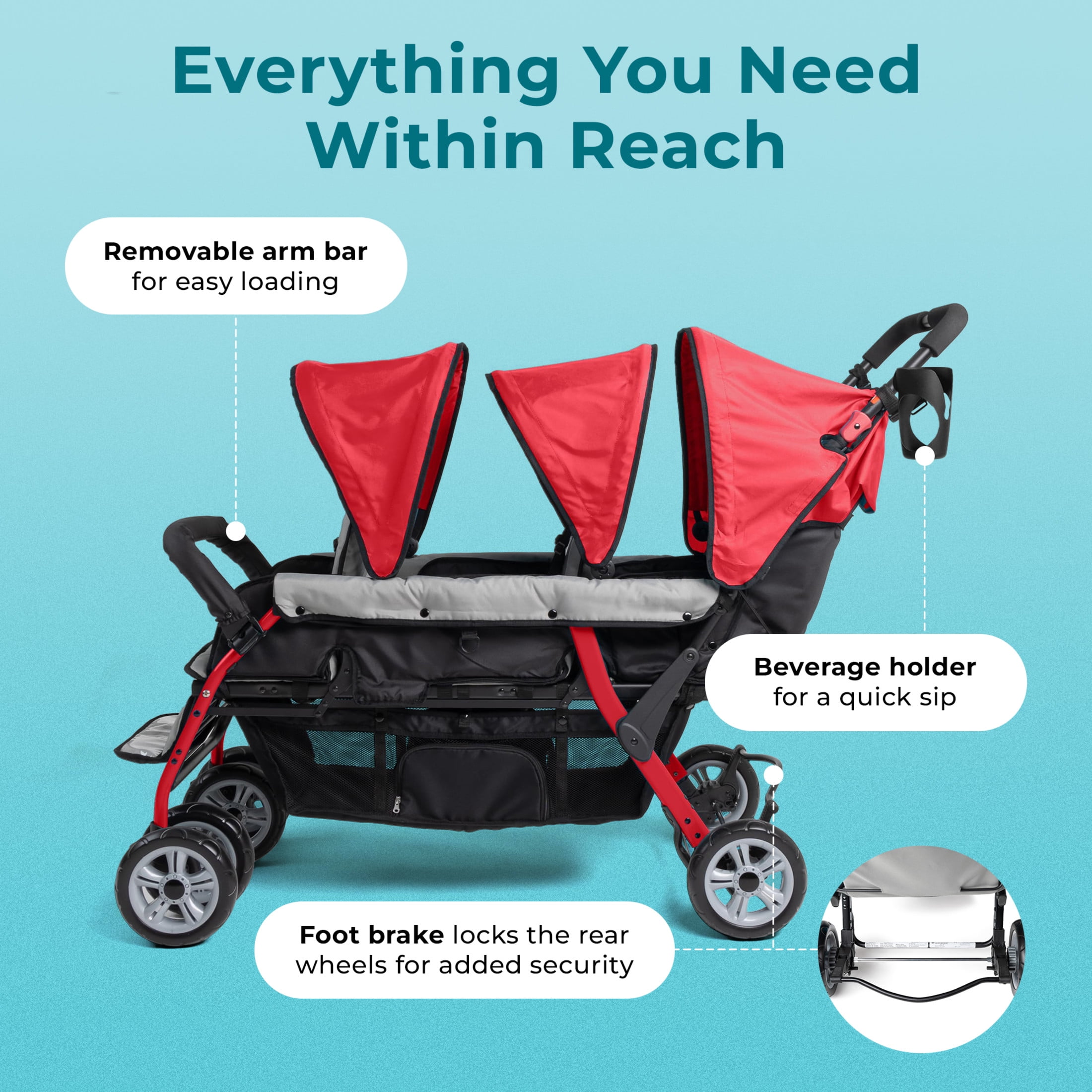 Foundations Compass Trio Triple Stroller, 3-Seat Tandem with UV Canopies and Reclining Seats, Red Foundations Compass Trio Triple Stroller, 3-Seat Tandem with UV Canopies and Reclining Seats, Red