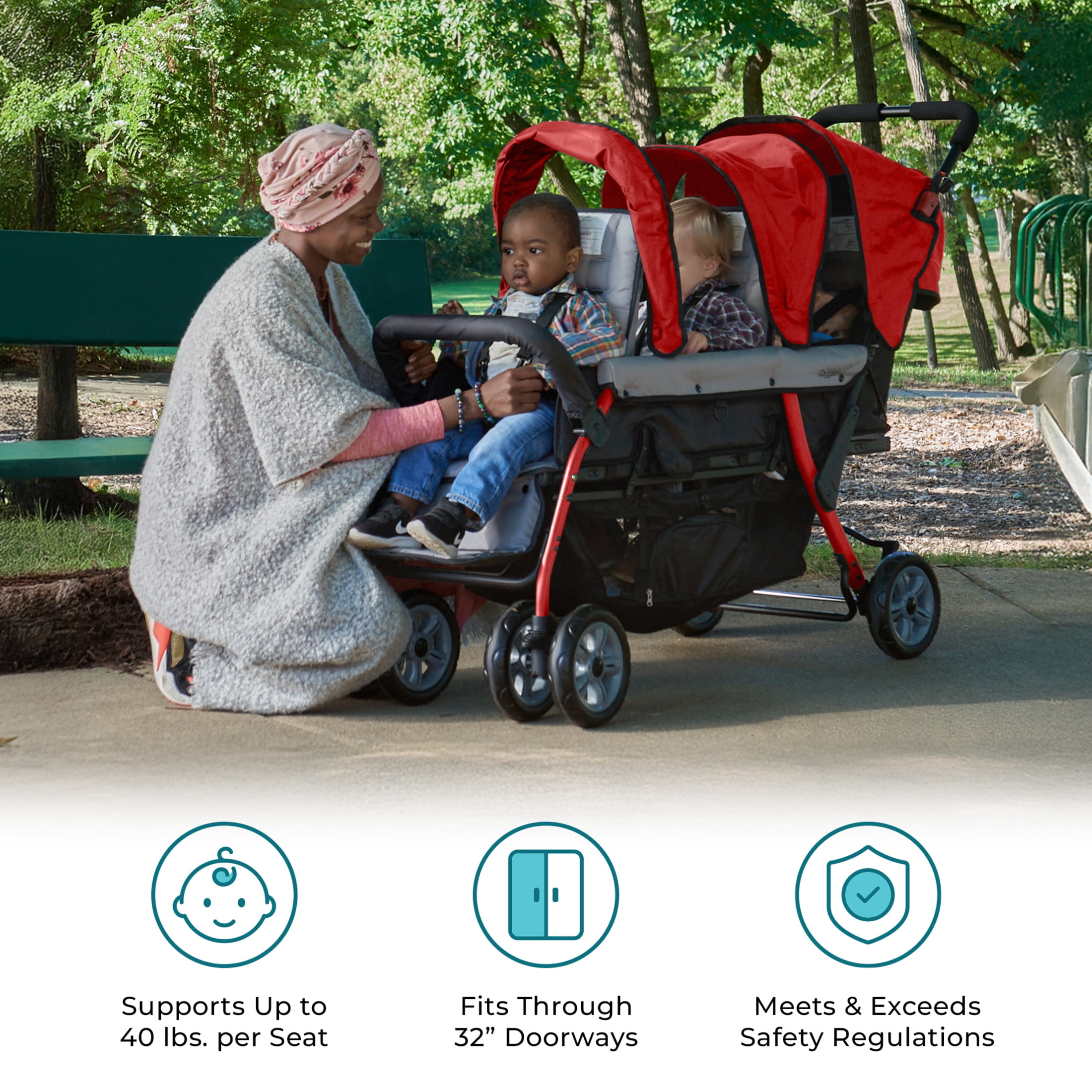 Foundations Compass Trio Triple Stroller, 3-Seat Tandem with UV Canopies and Reclining Seats, Red Foundations Compass Trio Triple Stroller, 3-Seat Tandem with UV Canopies and Reclining Seats, Red
