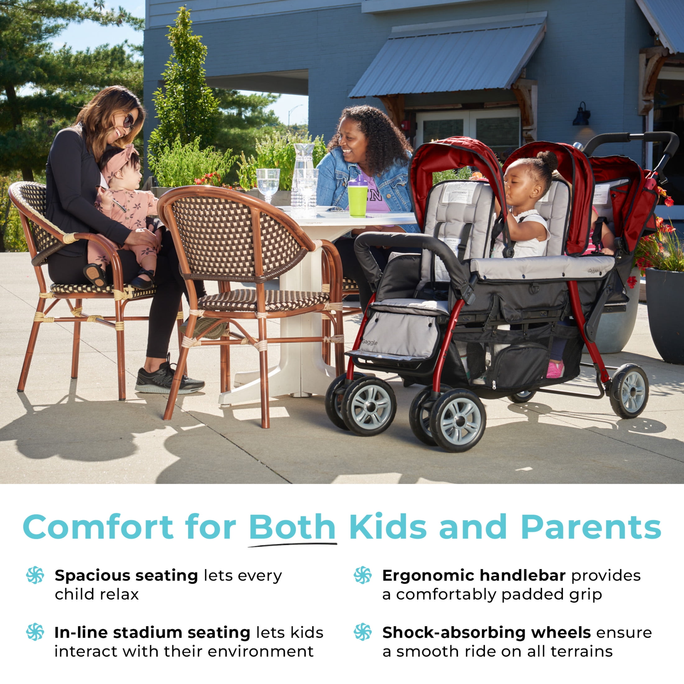 Foundations Compass Trio Triple Stroller, 3-Seat Tandem with UV Canopies and Reclining Seats, Red Foundations Compass Trio Triple Stroller, 3-Seat Tandem with UV Canopies and Reclining Seats, Red