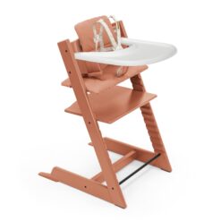 Stokke Tripp Trapp High Chair 2 (Terracotta), Cushion 2 (Terracotta) + Stokke Tray (White) - Includes Chair + Baby Set 2 with Removable Harness for Children 6-36 Months