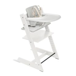 Stokke Tripp Trapp High Chair 2 (White), Cushion 2 (Nordic Grey) + Stokke Tray (White) - Includes Chair + Baby Set with Removable Harness for Children 6-36 Months