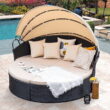 Homall Outdoor Daybed with Retractable Canopy Sectional Rattan Round Bed for Patio, Black & Beige