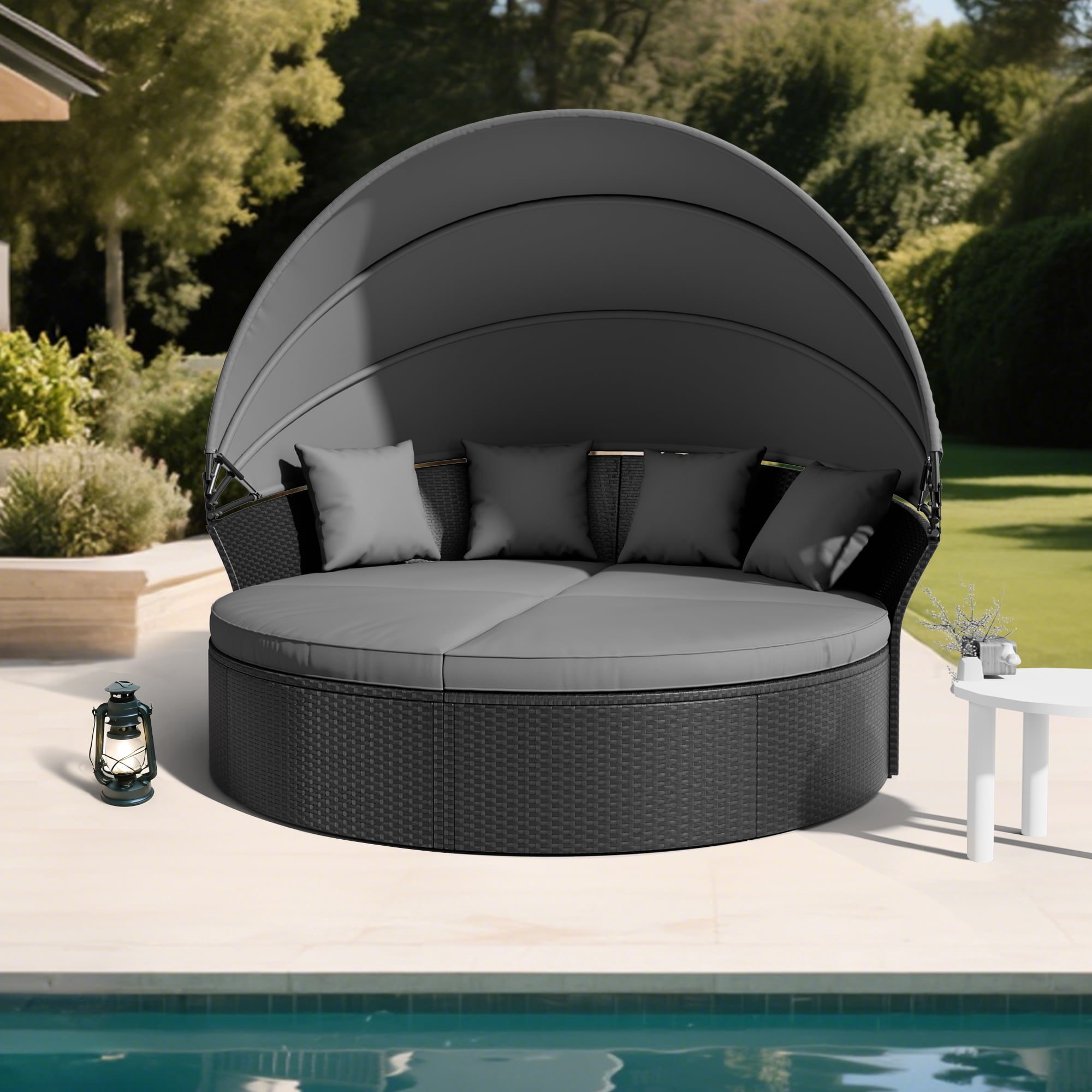 SUNCROWN 4 Piece Outdoor Round Canopy Daybed Black Wicker Patio Furniture Set with Cushions SUNCROWN 4 Piece Outdoor Round Canopy Daybed Black Wicker Patio Furniture Set with Cushions