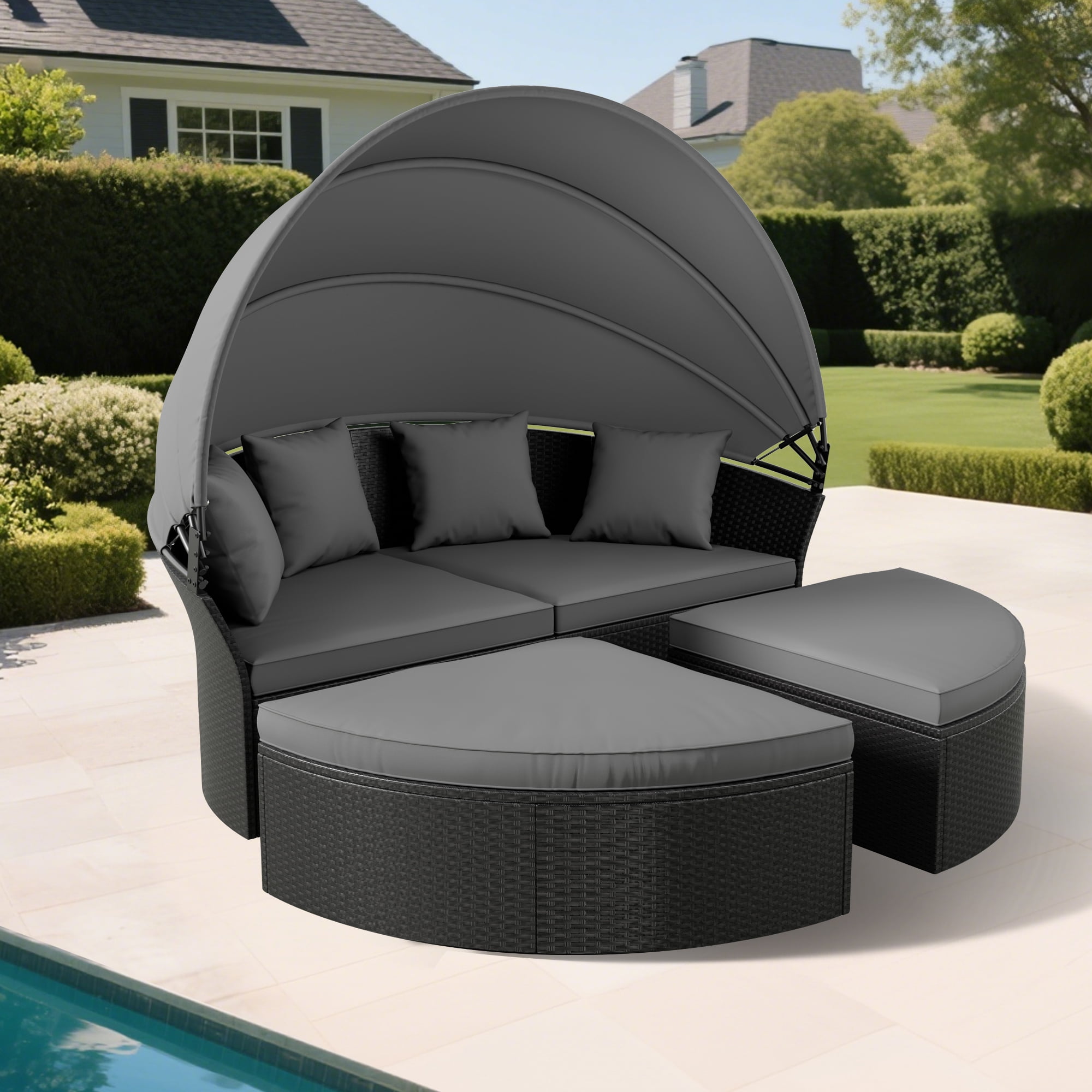 SUNCROWN 4 Piece Outdoor Round Canopy Daybed Black Wicker Patio Furniture Set with Cushions SUNCROWN 4 Piece Outdoor Round Canopy Daybed Black Wicker Patio Furniture Set with Cushions