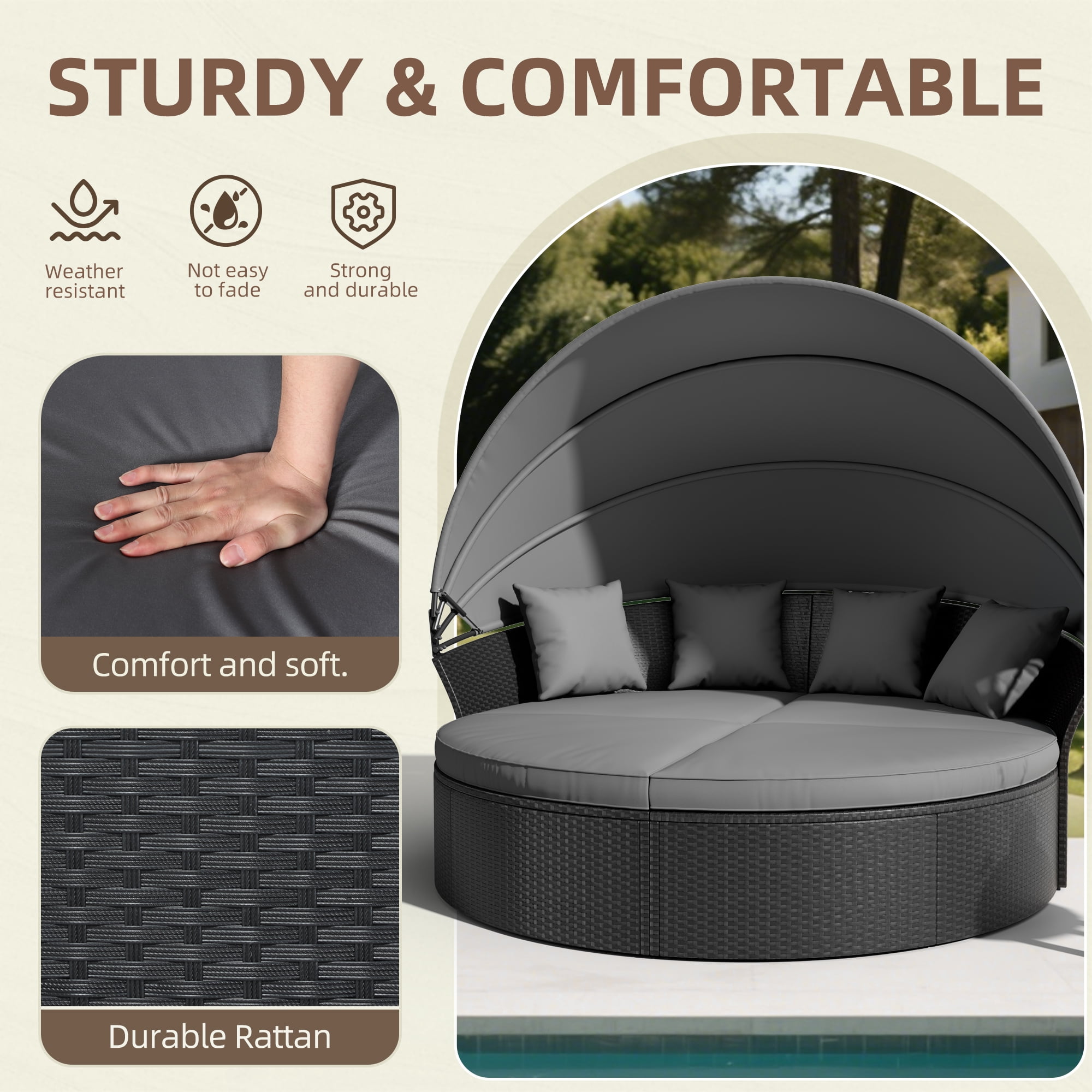SUNCROWN 4 Piece Outdoor Round Canopy Daybed Black Wicker Patio Furniture Set with Cushions SUNCROWN 4 Piece Outdoor Round Canopy Daybed Black Wicker Patio Furniture Set with Cushions