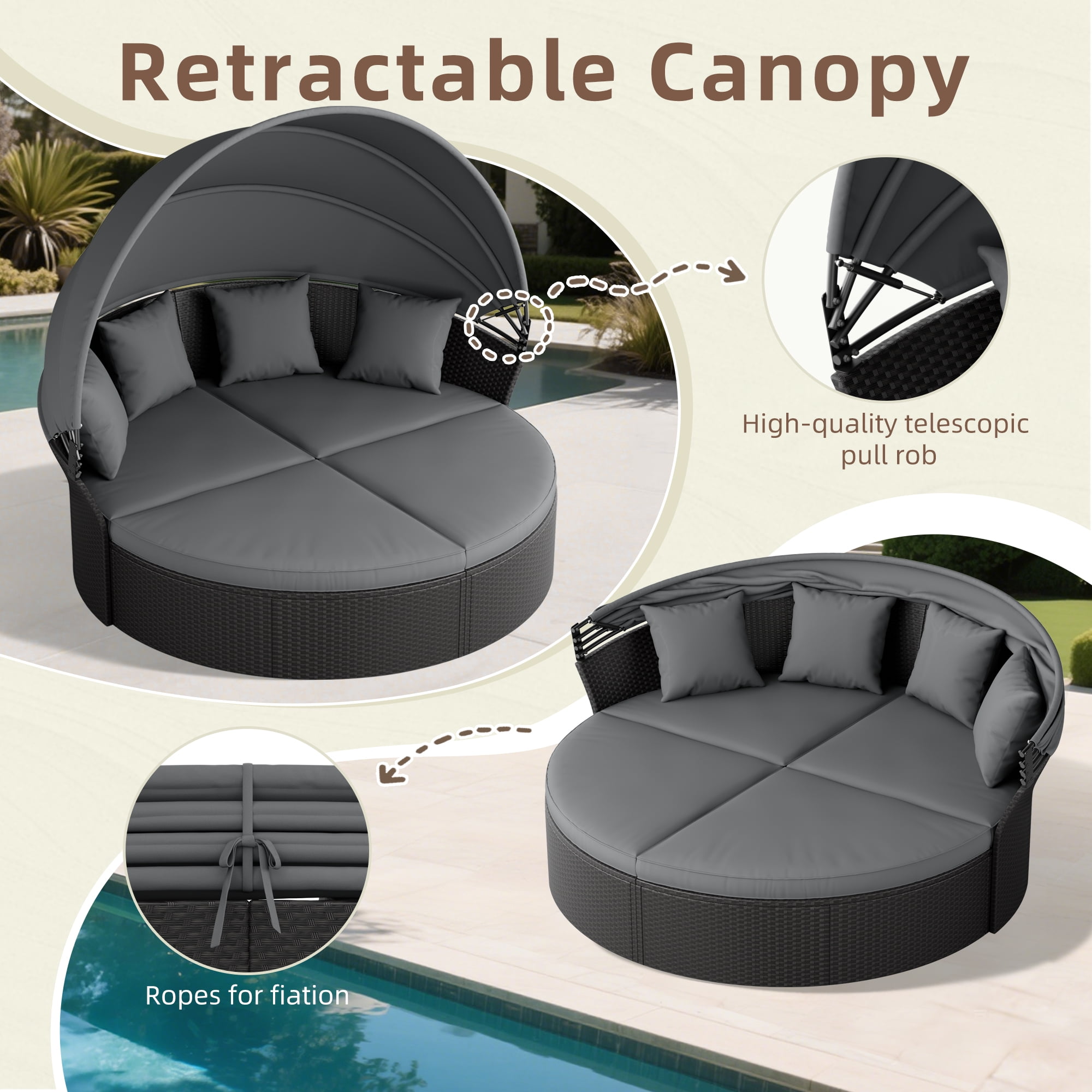 SUNCROWN 4 Piece Outdoor Round Canopy Daybed Black Wicker Patio Furniture Set with Cushions SUNCROWN 4 Piece Outdoor Round Canopy Daybed Black Wicker Patio Furniture Set with Cushions