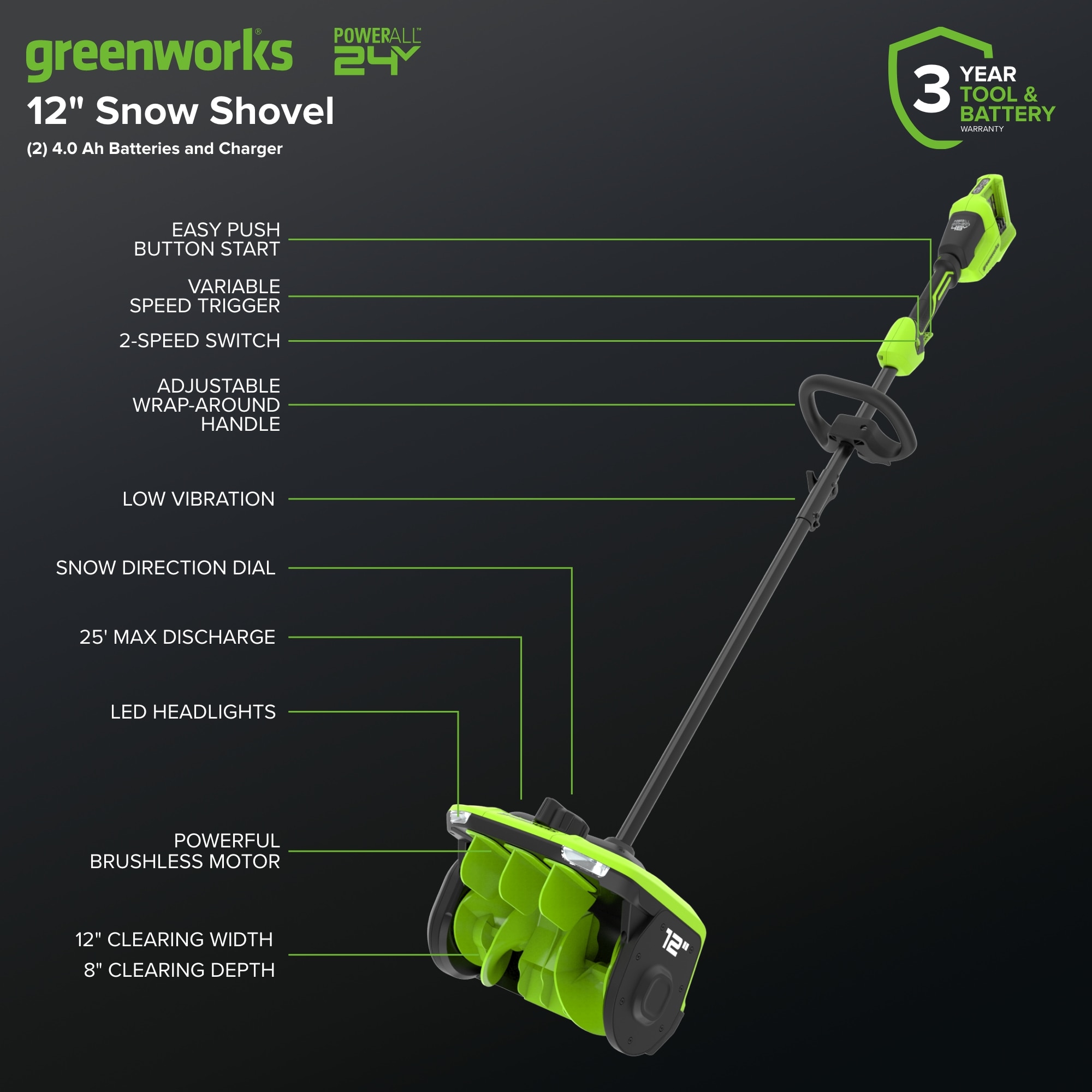 Greenworks 48-volt 12-in Single-stage Push Battery Powered Snow Shovel 4 Ah (Battery Included) (Charger Included) Greenworks 48-volt 12-in Single-stage Push Battery Powered Snow Shovel 4 Ah (Battery Included) (Charger Included)