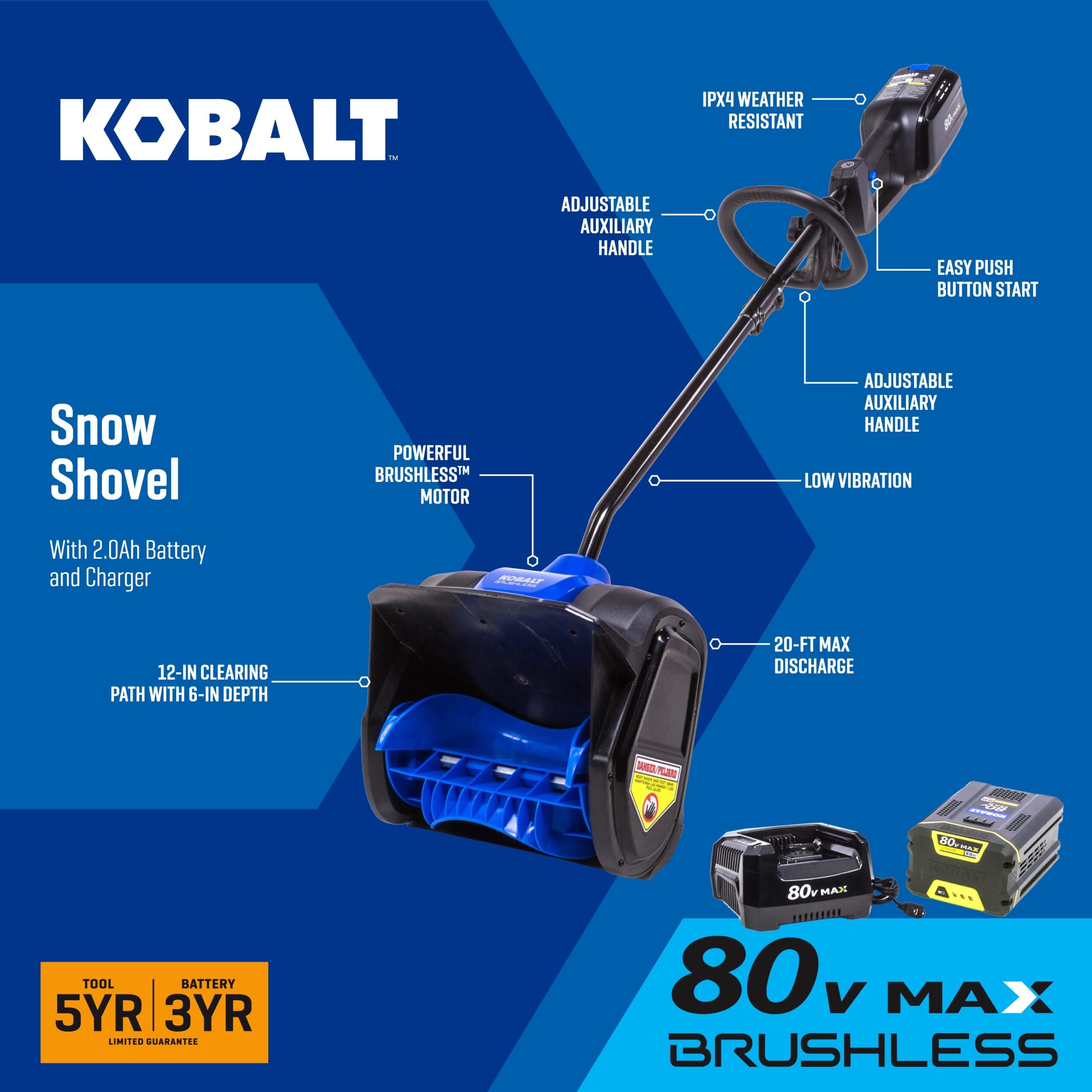 Kobalt 80-volt 12-Inches Single-stage Push Battery Powered snow shovel 2 Ah (Battery Included) (Charger Included) Kobalt 80-volt 12-Inches Single-stage Push Battery Powered snow shovel 2 Ah (Battery Included) (Charger Included)
