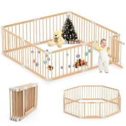 TouHeart Wooden Playpen for Baby & Toddlers, Foldable Large Baby Gate Play Yards, 8 Panels, 69"x69"x24"