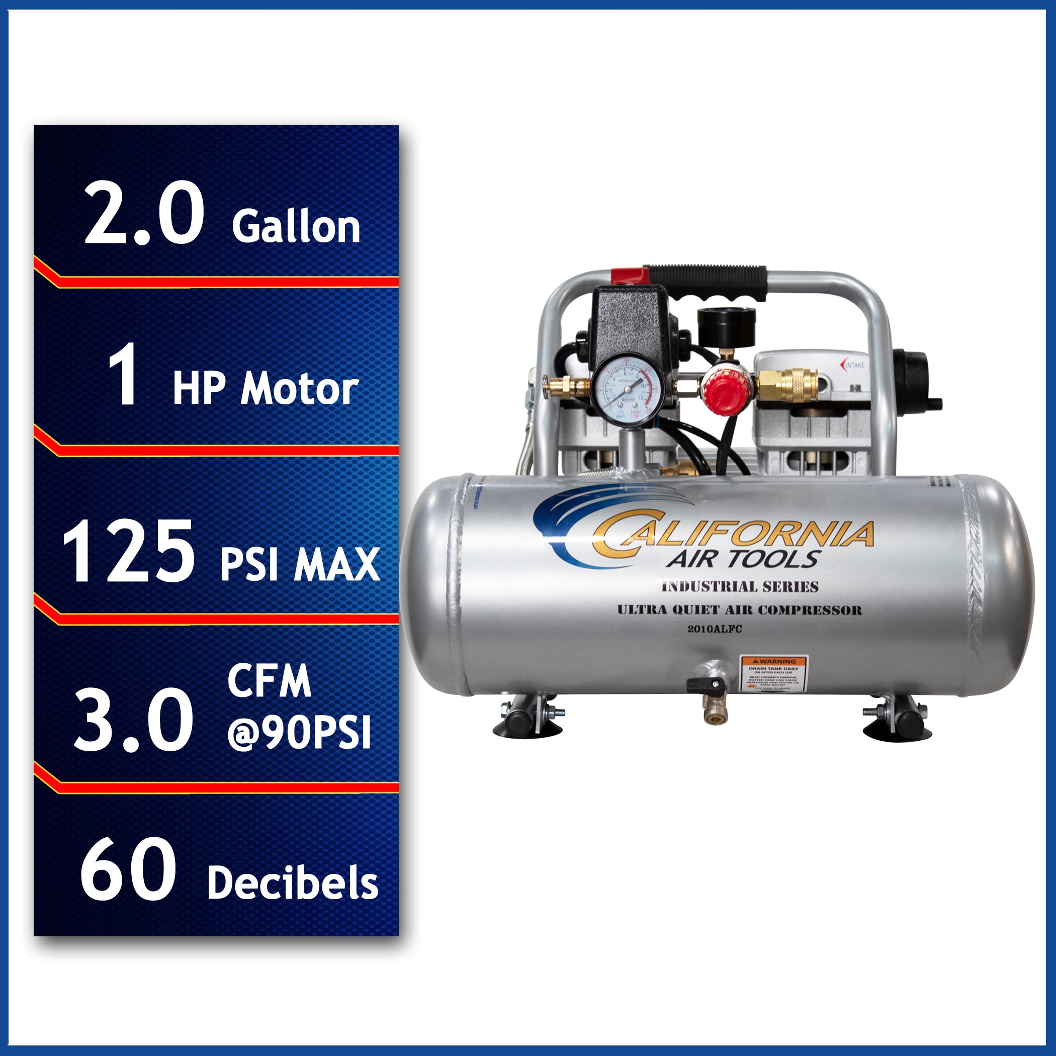 California Air Tools 2-Gallon Portable Electric 125 PSI Horizontal Air Compressor California Air Tools 2-Gallon Portable Electric 125 PSI Horizontal Air Compressor