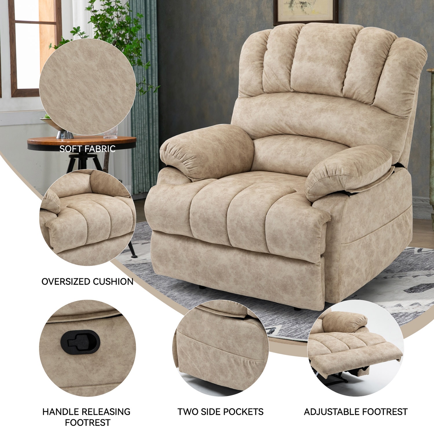 GZMR Large Manual Recliner Chair Beige Velvet Upholstered Recliner GZMR Large Manual Recliner Chair Beige Velvet Upholstered Recliner