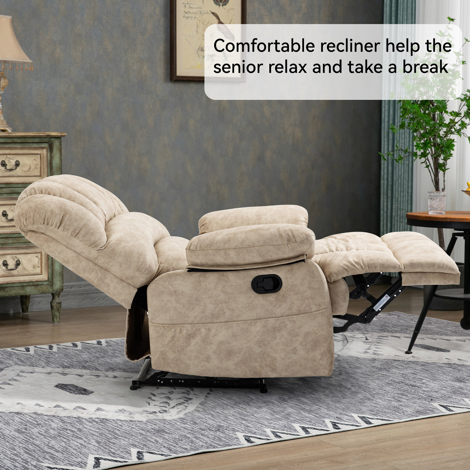 GZMR Large Manual Recliner Chair Beige Velvet Upholstered Recliner GZMR Large Manual Recliner Chair Beige Velvet Upholstered Recliner