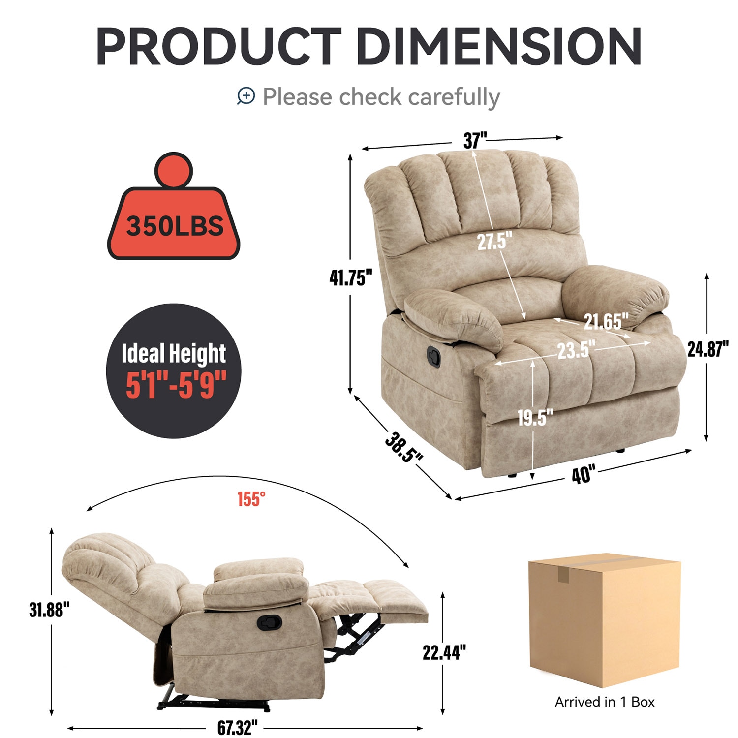GZMR Large Manual Recliner Chair Beige Velvet Upholstered Recliner GZMR Large Manual Recliner Chair Beige Velvet Upholstered Recliner