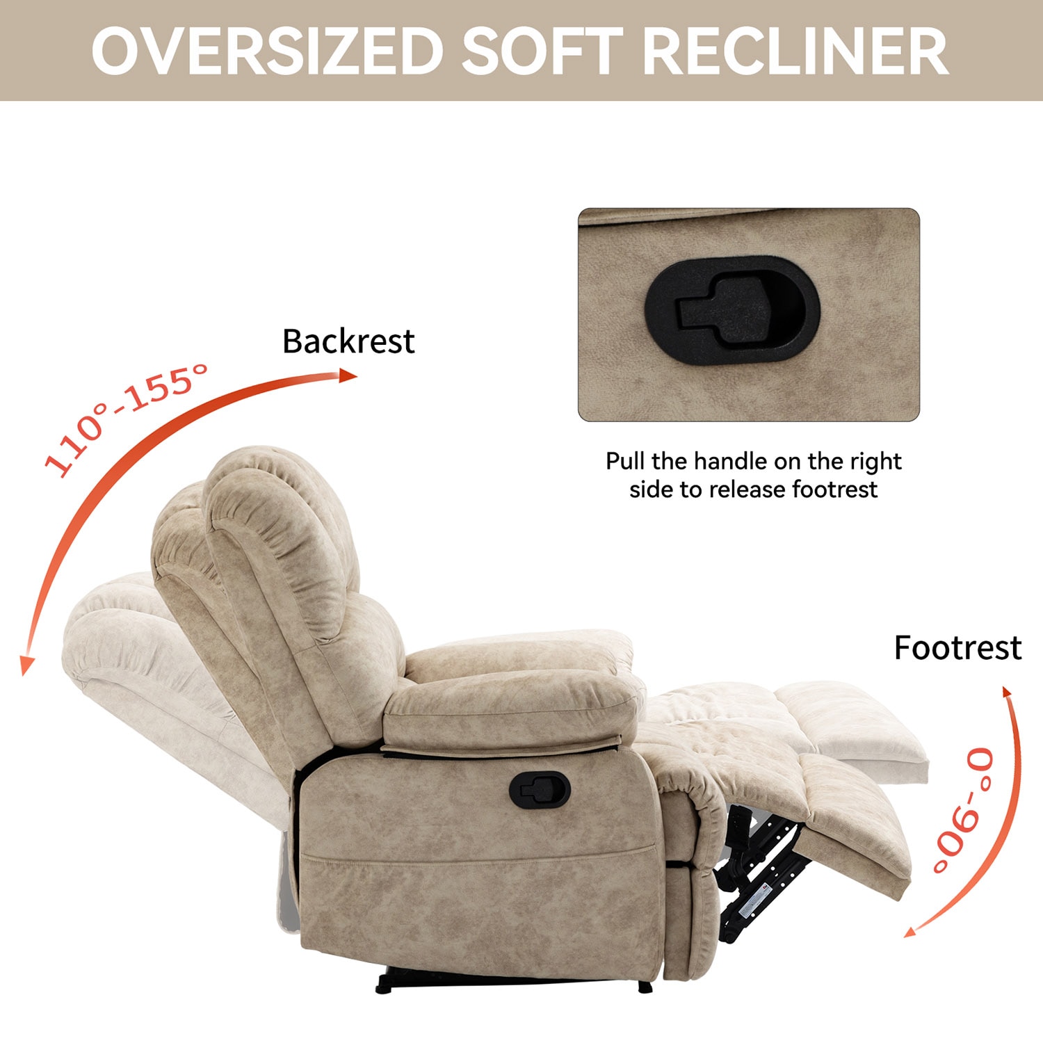 GZMR Large Manual Recliner Chair Beige Velvet Upholstered Recliner GZMR Large Manual Recliner Chair Beige Velvet Upholstered Recliner