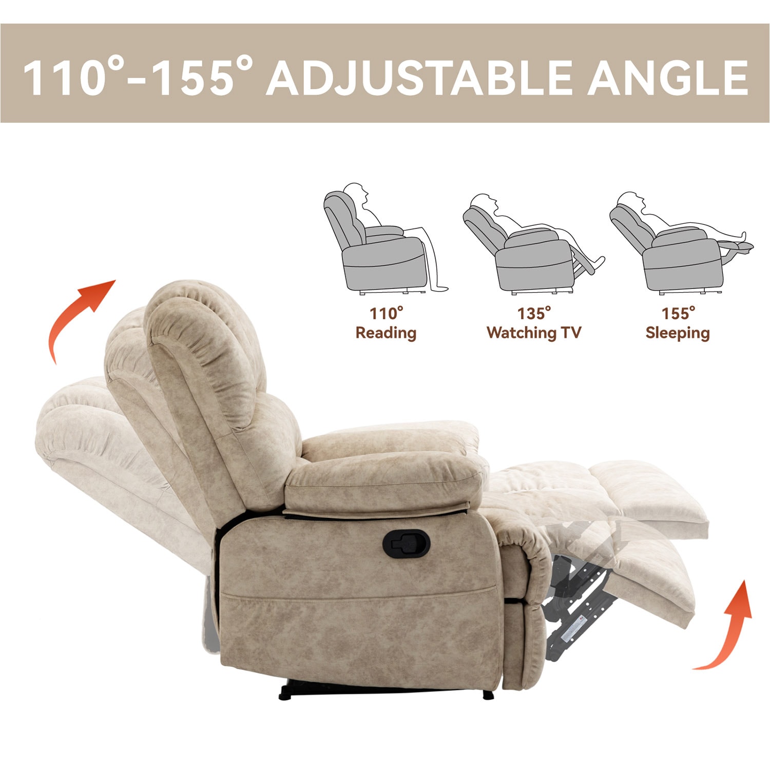 GZMR Large Manual Recliner Chair Beige Velvet Upholstered Recliner GZMR Large Manual Recliner Chair Beige Velvet Upholstered Recliner