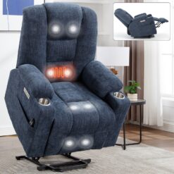 GZMR Large Power Lift Recliner with Massage and Heat Blue Chenille Upholstered Powered Reclining Recliner with Lift Assistance