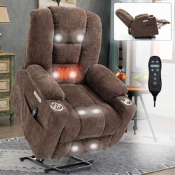 Mondawe Brown Chenille Upholstered Tufted Powered Reclining Massage chair with Lift Assistance