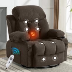 GZMR Heat Massage Recliner Chair with USB Dark Brown Velvet Upholstered Swivel Powered Reclining Recliner