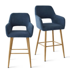 Maison Boucle Set of 2 Blue Counter Stools Counter Height Linen Upholstered with Back and Armrest for Kitchen
