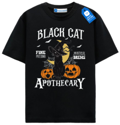 Black Cat Apothecary T Shirt, Vintage Halloween Witchy Cat Tee
