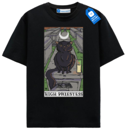 High Priestess Tarot Cat T Shirt, Witchy Black Cat Tee