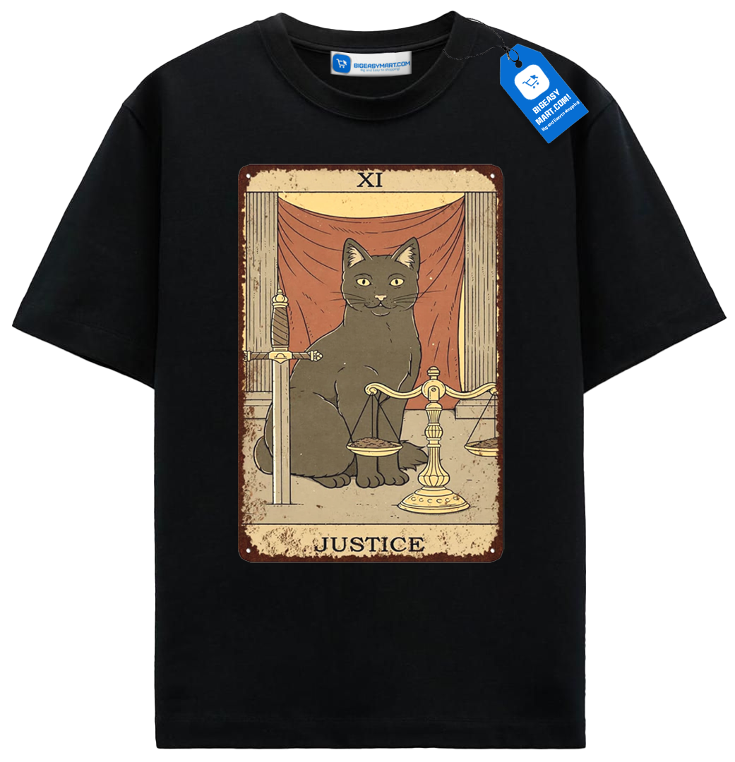 Justice Tarot Cat T Shirt, Vintage Black Cat Tarot Card Tee Justice Tarot Cat T Shirt, Vintage Black Cat Tarot Card Tee - Image 2
