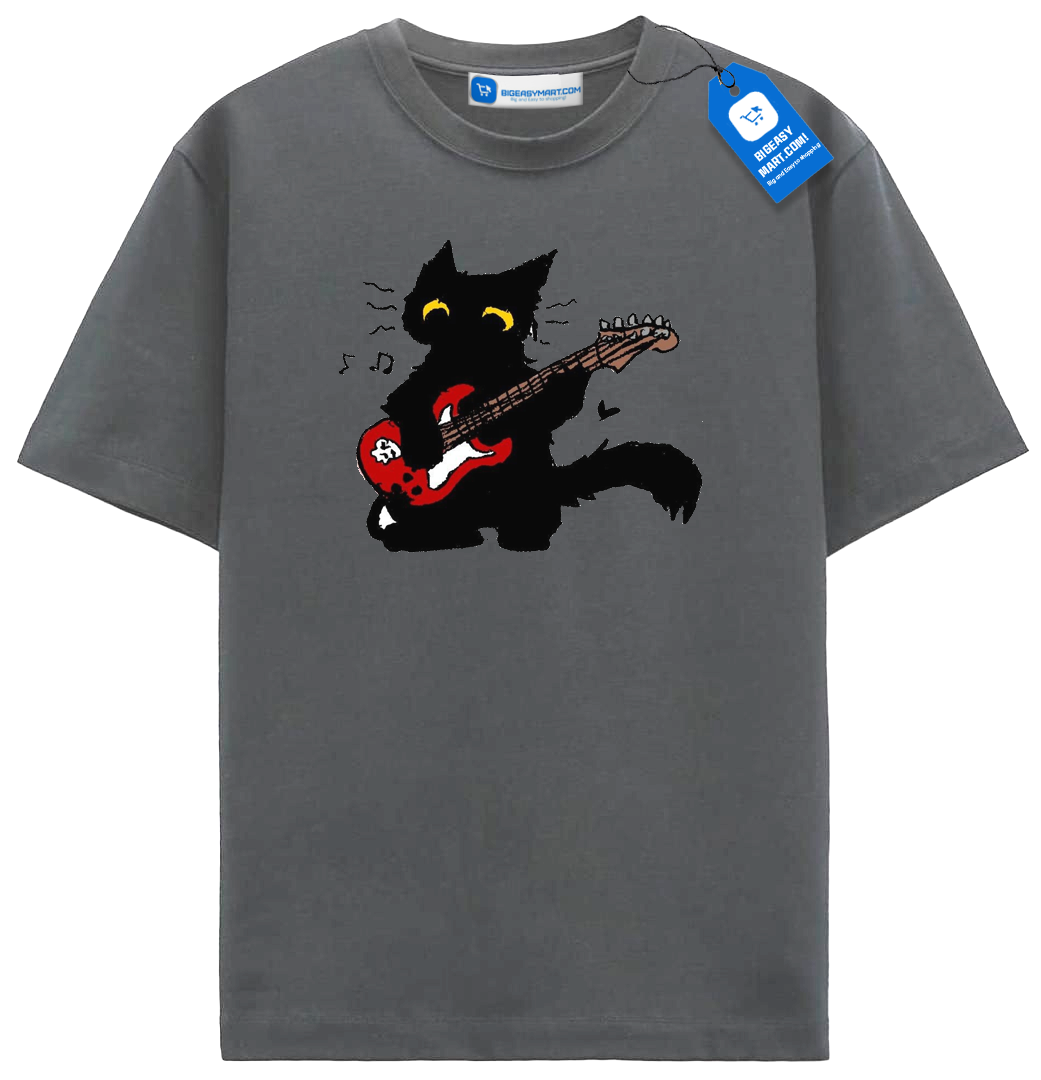 Red Guitar Cat T Shirt, Cute Rock Music Black Cat Tee Red Guitar Cat T Shirt, Cute Rock Music Black Cat Tee - Image 2