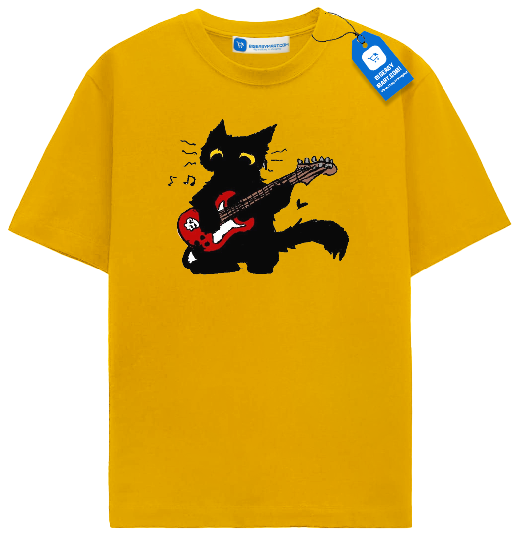 Red Guitar Cat T Shirt, Cute Rock Music Black Cat Tee Red Guitar Cat T Shirt, Cute Rock Music Black Cat Tee - Image 3